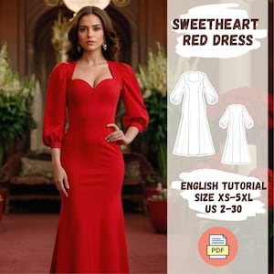 女性用スイートハートレッドドレスの縫製パターン、ビショップスリーブガウンパターン、エレガントなイブニングドレス、サイズ XS-5XL、バレンタインデーの衣装