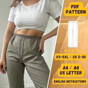 May include: PDF sewing pattern for pants in sizes XS-5XL, US sizes 2-30. The pattern includes instructions in English and is available in A4, A0, and US Letter sizes.