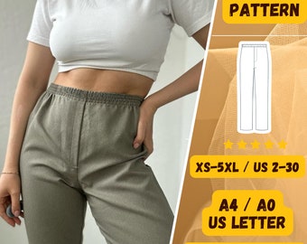 Puede incluir: Patrón de costura PDF para pantalones en tallas XS-5XL, tallas de EE. UU. 2-30. El patrón incluye instrucciones en inglés y está disponible en tamaños A4, A0 y US Letter.