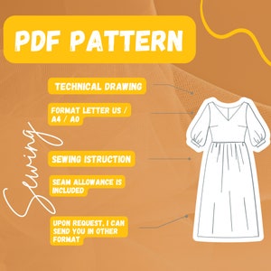 Pu&ograve; includere: Un modello digitale PDF per un abito con scollo a V, maniche a sbuffo e gonna a pieghe. Il modello include disegni tecnici, istruzioni di cucito e margine di cucito. Il modello &egrave; disponibile nelle dimensioni Letter, A4 e A0.