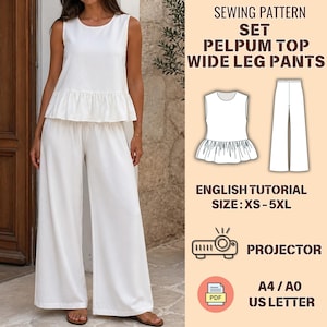 May include: A white sleeveless top with a ruffled peplum and matching wide-leg pants. The image also includes a sewing pattern set with the text "PELPUM TOP WIDE LEG PANTS" and "ENGLISH TUTORIAL SIZE: XS-5XL".