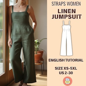 Può includere: Tuta in lino verde con scollo quadrato e gambe larghe. L'immagine include il testo "STRAPS WOMEN LINEN JUMPSUIT" e "ENGLISH TUTORIAL". Taglie XS-5XL, US 2-30. È presente anche un'icona PDF.