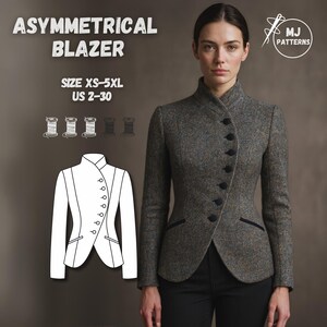 May include: An asymmetrical blazer in a gray tweed fabric with black buttons and trim. The image includes a size range of XS-5XL and US sizes 2-30. The text "ASYMMETRICAL BLAZER" is displayed at the top of the image.