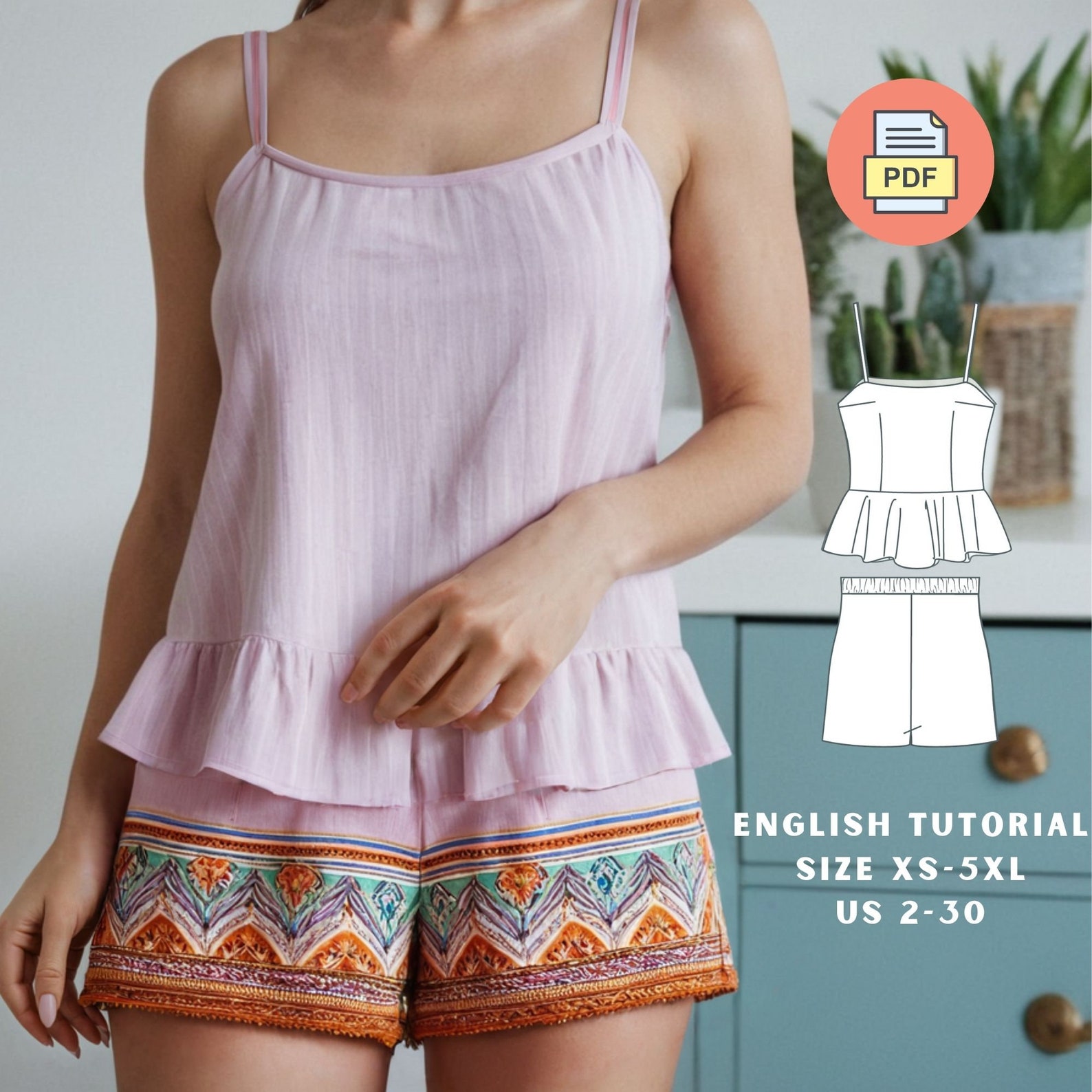 Pajama Set Shorts Flounce Top Sleepwear Sewing Pattern Digital Download ...
