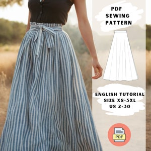 Könnte beinhalten: Ein PDF-Schnittmuster für einen gestreiften Maxirock mit hoher Taille und Schleife. Das Schnittmuster enthält ein englisches Tutorial und ist in den Größen XS-5XL (DE 32-48) erhältlich.
