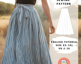 Modello di cucito per gonna lunga PDF / Modello di gonna a balze da donna / Taglie XS-5XL / Tutorial di cucito fai da te in inglese facile