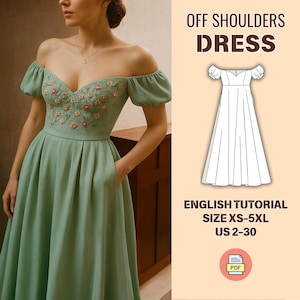 Peut inclure: Robe vert sauge à épaules dénudées avec broderie florale sur le corsage. La robe a un décolleté en V, des manches courtes et une jupe fluide avec des poches. L'image comprend un patron de robe et le texte "OFF SHOULDERS DRESS".
