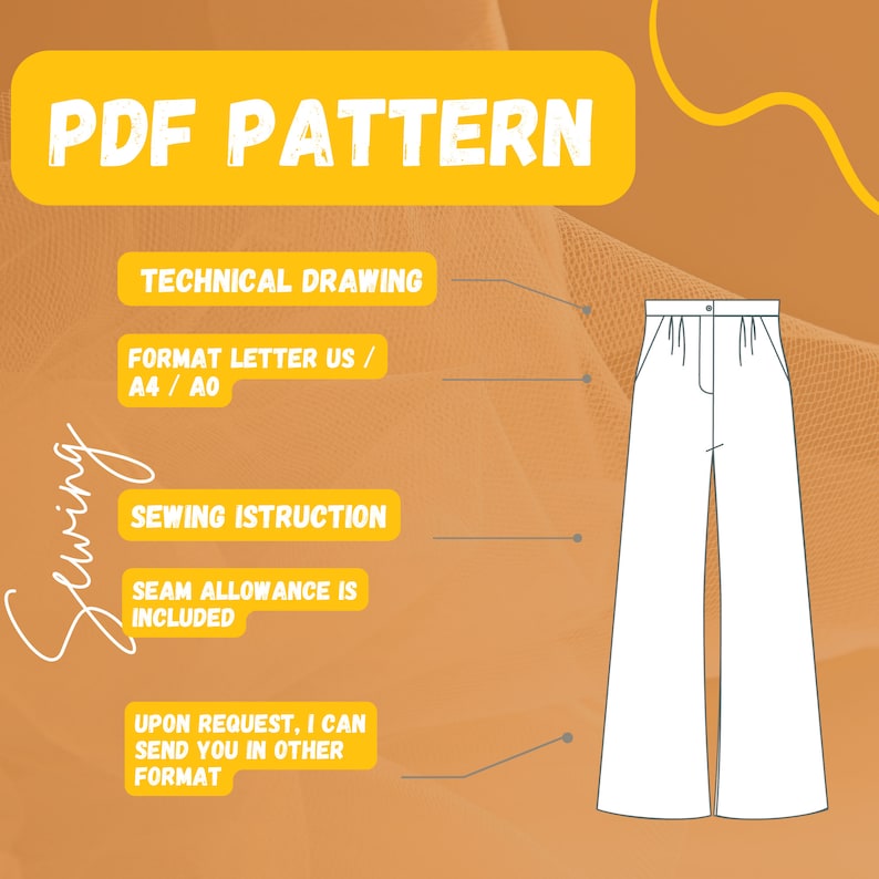Op de afbeelding: Een digitaal PDF-patroon voor het naaien van een wijde broek. Het patroon bevat technische tekeningen, naaianwijzingen en naadtoeslag. Het formaat is Letter US, A4 of A0.