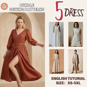 Könnte beinhalten: Ein rostfarbenes Wickelkleid mit hohem Schlitz, zusammen mit vier weiteren Kleiderstilen. Das Bild enthält den Text "BUNDLE SEWING PATTERNS" und "5 DRESS". Die Größen sind XS-5XL, mit einem englischen Tutorial.