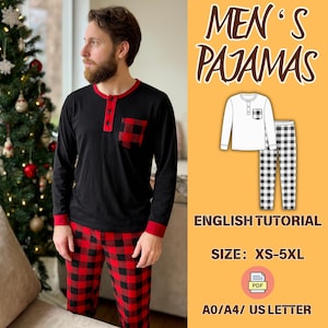 May include: Black long-sleeved pajama top with red trim and a red and black plaid pocket. The matching pajama trousers are red and black plaid. The image also shows a diagram of the pajamas and the text "MEN'S PAJAMAS", "ENGLISH TUTORIAL", and "SIZE: XS-5XL".