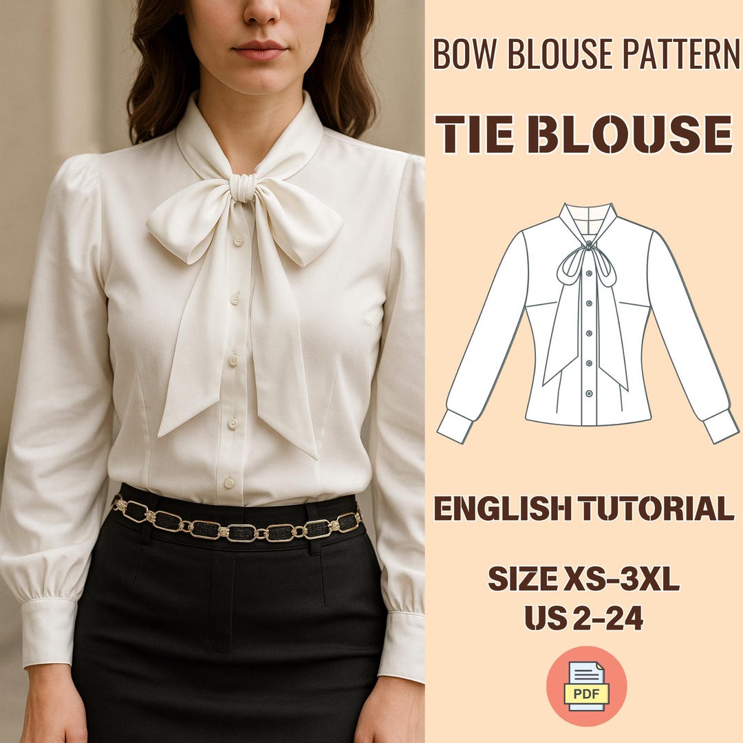 Bow Neck Blouse Sewing Pattern PDF: Tie Neck Blouse, Silk Blouse, Pussy ...