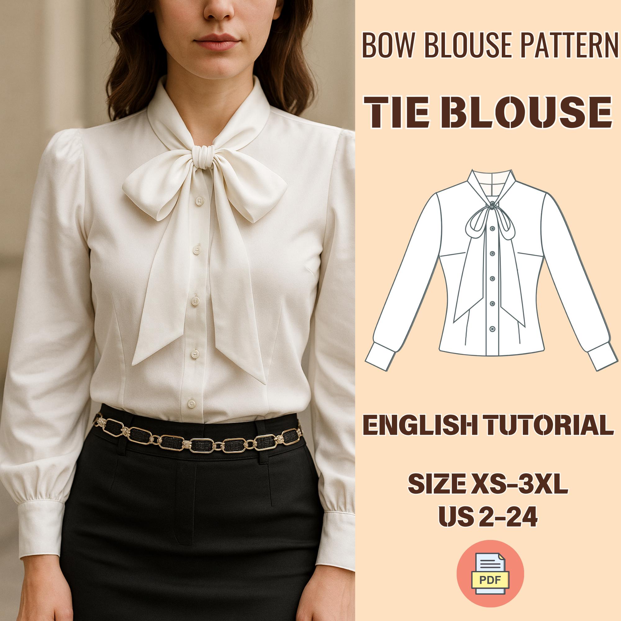 Bow Neck Blouse Sewing Pattern PDF: Tie Neck Blouse, Silk Blouse, Pussy ...