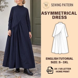 May include: A navy blue long-sleeve dress with a high neckline and an asymmetrical gathered waistline. The image includes text: Majesti Collections Sewing Pattern Asymmetrical Dress, English Tutorial, Size S-3XL, and A4/US Letter Home Print PDF.