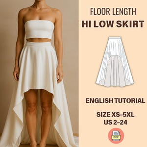 Könnte beinhalten: Ein weißer, bodenlanger Hi-Low-Rock und ein passendes Bustier. Das Bild enthält eine Skizze des Rocks und den Text „FLOOR LENGTH HI LOW SKIRT“, „ENGLISH TUTORIAL“ und „SIZE XS-5XL US 2-24“.