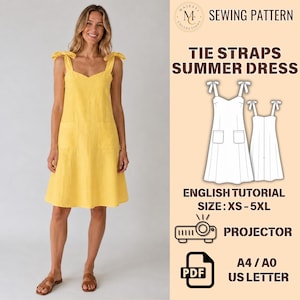 Könnte beinhalten: Ein gelbes, knielanges Sommerkleid mit Bindeträgern und zwei Vordertaschen. Das Bild enthält den Text: SEWING PATTERN, TIE STRAPS SUMMER DRESS, ENGLISH TUTORIAL, SIZE: XS-5XL, PROJECTOR, PDF, A4 / A0, US LETTER und das Majesty Collections Logo.
