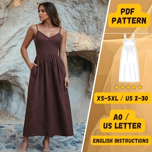 Peut inclure: Patron de couture PDF pour une robe maxi avec un décolleté en V et une jupe plissée. Le patron est disponible dans les tailles XS-5XL et comprend des instructions en anglais. Le patron est imprimé sur du papier A0.