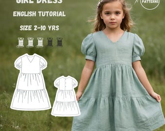 Handmade Girls Linen Dress with Bishop Sleeves, PDF Sewing Pattern, Rustic Tiered Midi Dress, Toddler Dress for Weddings, Special Events