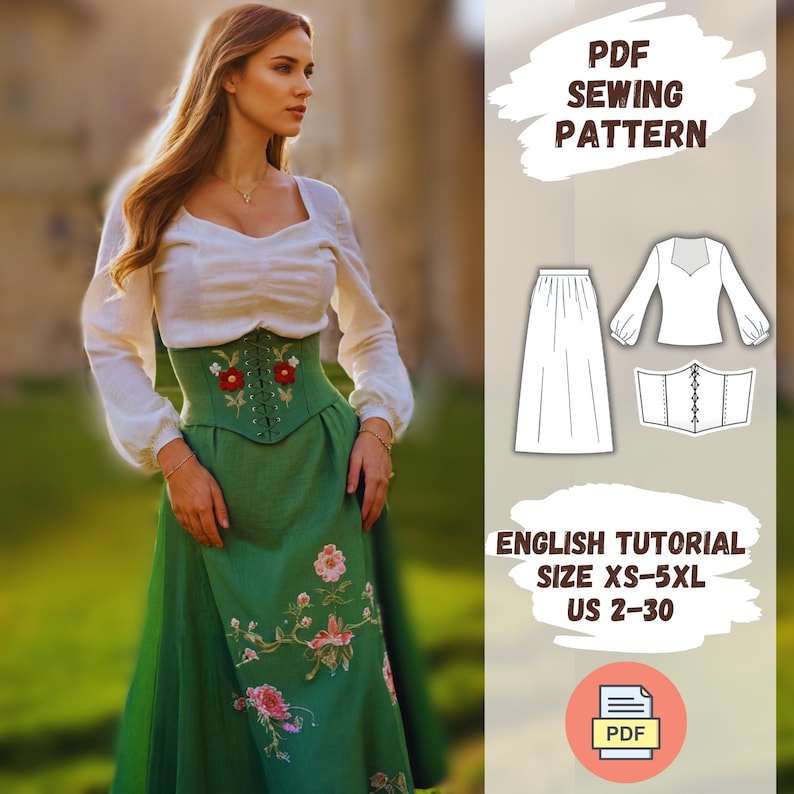 K&ouml;nnte beinhalten: PDF-Schnittmuster f&uuml;r einen Rock und eine Bluse mit Korsett. Das Schnittmuster enth&auml;lt eine englische Anleitung und ist in den Gr&ouml;&szlig;en XS-5XL (DE 32-48) erh&auml;ltlich.