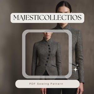 May include: A gray tweed jacket with a high collar and black buttons. The jacket has a tailored fit and a black trim. The text "MAJESTICCOLLECTIOS" and "PDF Sewing Pattern" are displayed on the image.