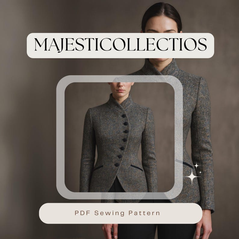 May include: A gray tweed jacket with a high collar and black buttons. The jacket has a tailored fit and a black trim. The text "MAJESTICCOLLECTIOS" and "PDF Sewing Pattern" are displayed on the image.
