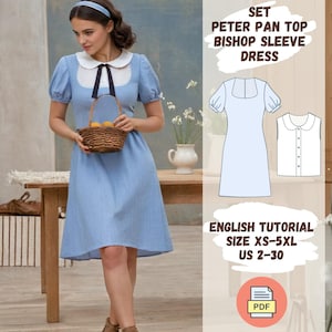 Könnte beinhalten: Ein digitales Schnittmuster für ein Peter-Pan-Oberteil und ein Kleid mit Bischofärmeln. Das Schnittmuster enthält eine englische Anleitung und ist in den Größen XS-5XL (deutsche Größen 32-48) erhältlich. Das Schnittmuster ist als PDF-Download verfügbar.