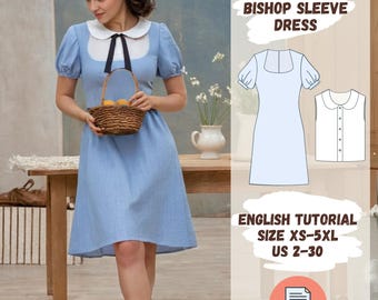 Set Bubikragen Top + Bischof Ärmel Kleid Schnittmuster PDF | Größen 2-30 XS-5XL Kleid und Top Combo für Frauen | Kleid A-Linie
