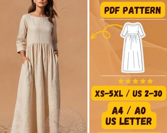 Linen Dress Pattern, Easy Sewing Dress, PDF Pattern, Long Pockets Linen Dress, Boho Gathered, Boat Neck