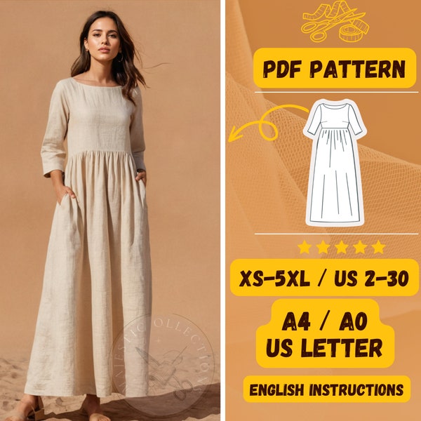 Linen Dress Pattern, Easy Sewing Dress, PDF Pattern, Long Pockets Linen Dress, Boho Gathered, Boat Neck