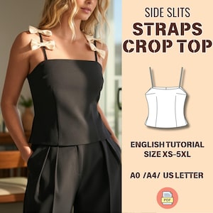 Könnte beinhalten: Ein schwarzes Crop-Top mit dünnen Trägern und Schleifen an den Schultern. Dazu eine schwarze Hose. Der Text auf dem Bild lautet "SIDE SLITS STRAPS CROP TOP" und "ENGLISH TUTORIAL SIZE XS-5XL".
