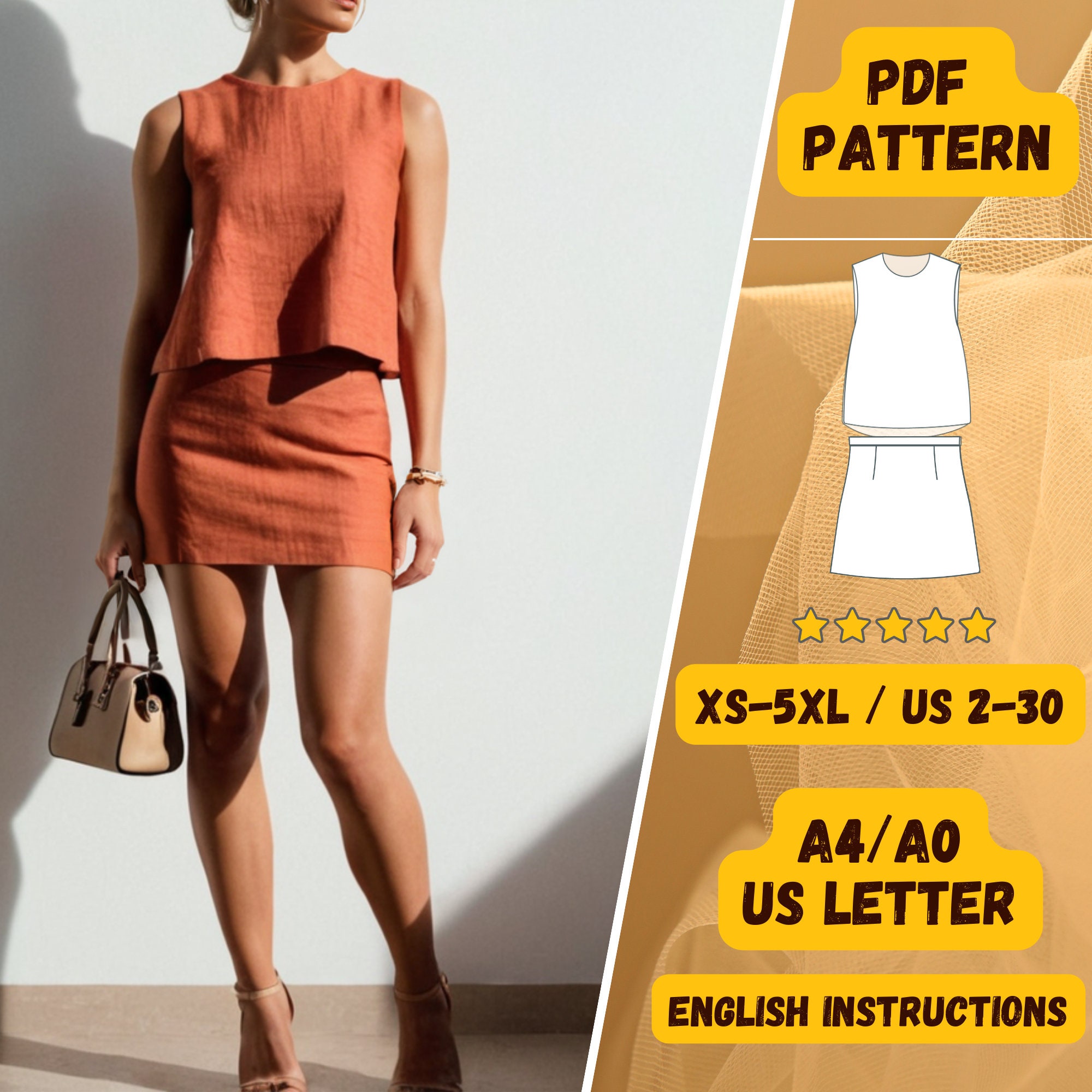 Minimalist Two-Piece Set Sewing Pattern, Sleeveless Top and Mini Skirt, Linen Women’s Outfit, PDF Sewing Pattern, Summer Casual Set