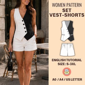 May include: A woman wearing a black and white vest with matching white shorts. The vest is buttoned and has a contrasting black panel. The image includes text that says "WOMEN PATTERN SET VEST-SHORTS" and "ENGLISH TUTORIAL SIZE: S-3XL".