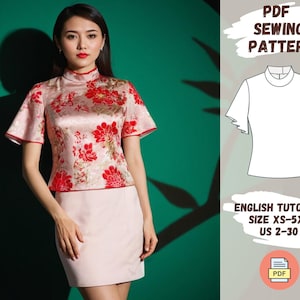 Cheongsam Blouse Sewing Pattern - PDF, Traditional Chinese Top, Short Flared Sleeve, Mandarin Collar, Easy Sewing Project, Sizes XS-5XL