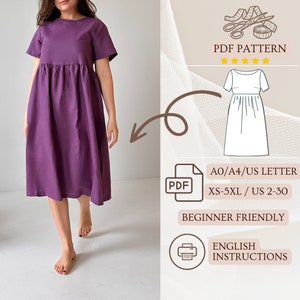 A-Line Gathering Sewing Dress with inseam Pockets, Linen Dress Boat Neck below Knee, PDF Instant Download Pattern, A4 | A0 | US Letter Size