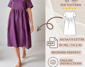 A-Line Gathering Sewing Dress with inseam Pockets, Linen Dress Boat Neck below Knee, PDF Instant Download Pattern, A4 | A0 | US Letter Size