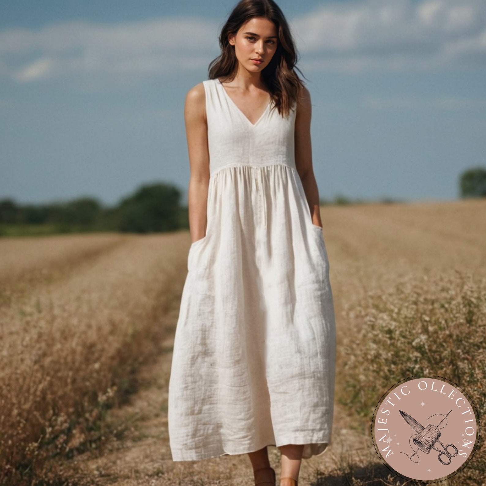 INWEAR DRESS LINEN MAXI V NECK SHORT SLEEVE WITH CUFF 30110173 SOLINA
