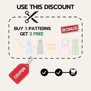 Pu&ograve; includere: Una grafica con un'etichetta di coupon rossa che dice "COUPON" e uno sfondo bianco. La grafica mostra una vendita di modelli di cucito. Il testo dice "ACQUISTA 3 MODELLI OTTIENI 2 GRATIS" e "BONUS". Ci sono illustrazioni di cinque modelli di cucito diversi.