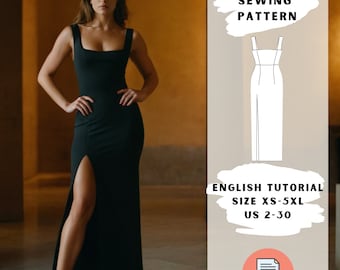 Elegant Evening Gown Sewing Pattern PDF | Maxi Dress with Slit | Sizes XS-5XL | Straps Dress | Square Neck
