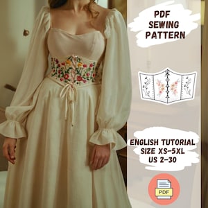 Puede incluir: Patrón de costura PDF para un vestido blanco con un corsé bordado con flores y mangas largas. El patrón incluye un tutorial en inglés y está disponible en tallas XS-5XL (ES 34-52).