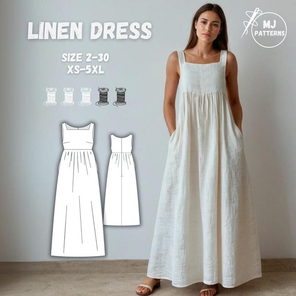 Linen Maxi Dress Sewing Pattern - PDF, Sleeveless Boho Summer Dress with Pockets, Gathered Waist, Sizes XS-5XL