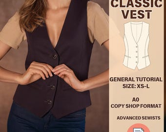 Classic Regular Fit Vest Sewing Pattern PDF, Waistcoat for Women, Sizes XS-L, Advanced Sewing Pockets Vests, A0
