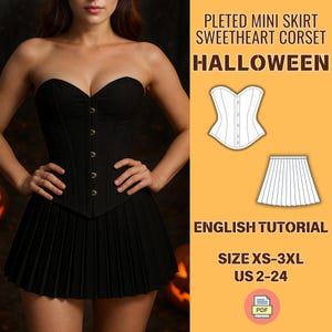 Peut inclure: Ensemble corset noir et jupe plissée. Le corset est sans bretelles avec des boutons. La jupe est plissée. L'image comprend le texte "HALLOWEEN" et "ENGLISH TUTORIAL". Tailles XS-3XL, US 2-24.