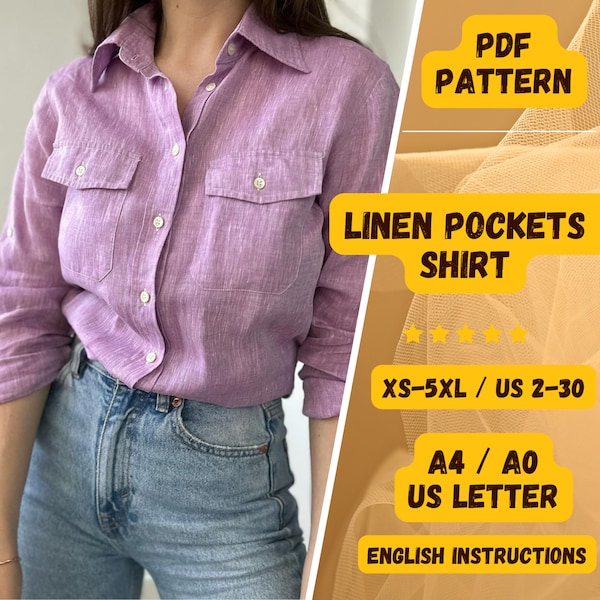 Women Linen Shirt Pattern, Sewing PDF Blouse Pattern, Buttoned Shirt, Pockets Top, Long Sleeve, Purple Shirt, Classic Shirt