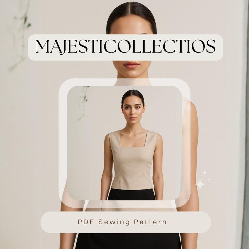 Peut inclure: Une femme porte un haut sans manches beige avec un col carr&eacute; et un bas noir. L'image comprend le texte "MAJESTICCOLLECTIOS" et "PDF Sewing Pattern". Le haut est de couleur neutre, et l'esth&eacute;tique g&eacute;n&eacute;rale est minimaliste et moderne.