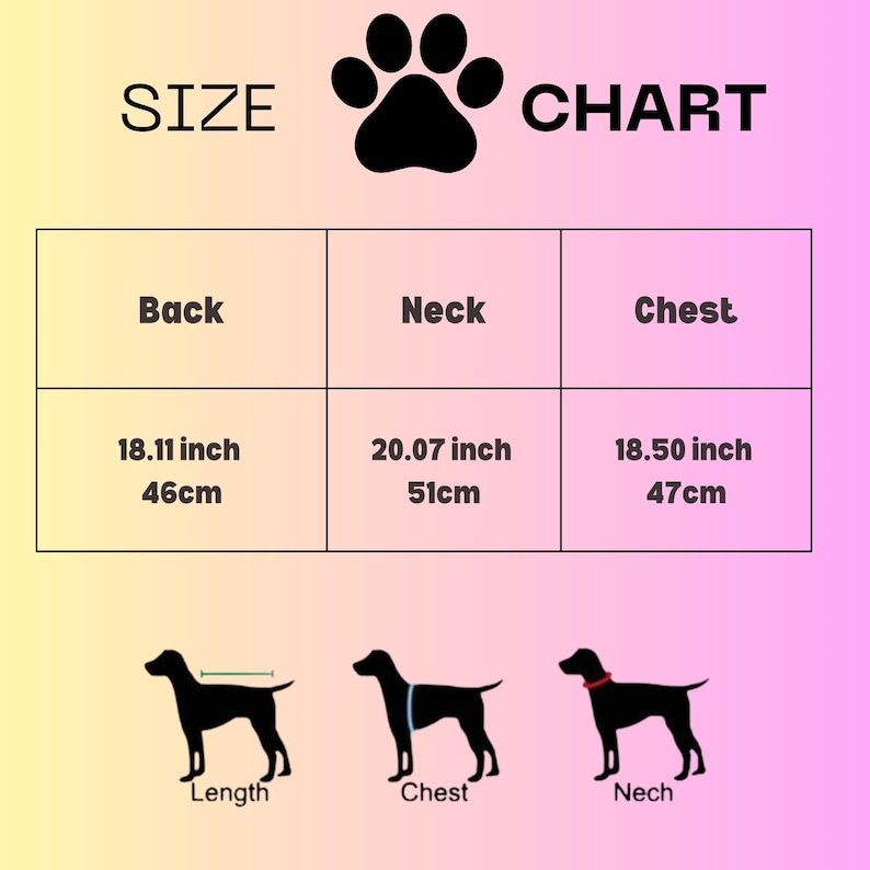 Pu&ograve; includere: Tabella delle taglie per un'imbracatura per cani con misure in pollici e centimetri. La tabella mostra le misure della schiena, del collo e del petto per diverse taglie. La tabella include anche un diagramma di un cane con etichette per la lunghezza, il petto e il collo.