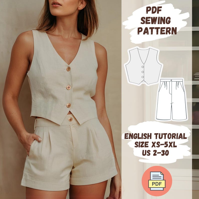 May include: PDF sewing pattern for a sleeveless vest and shorts. The pattern includes an English tutorial and is available in sizes XS-5XL (US 2-30).