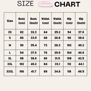 May include: Size chart for clothing with measurements in inches and centimeters. The chart includes sizes XS, S, M, L, XL, XXL, and XXXL. Measurements are provided for bust, waist, and hip.
