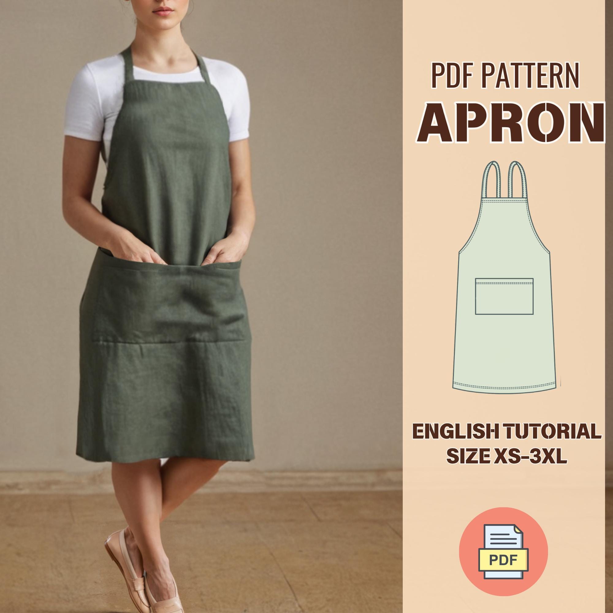 Linen Apron Sewing Pattern PDF, Crossback Apron Digital Download, Kitchen Cafe Apron Pattern XS-3XL, Unisex Apron