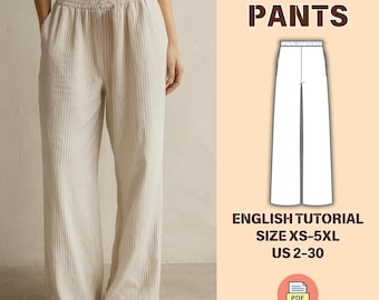 Hose mit weitem Bein Schnittmuster PDF - Elastische Taille Lounge Hose Schnittmuster, Größen XS-5XL, anfängerfreundlich, Taschen Hosen, karierte Hosen