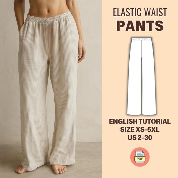 Patrón de pantalones anchos en PDF: patrón de costura para pantalones de estar por casa con cintura elástica, tallas XS-5XL, ideal para principiantes, con bolsillos y cuadros.