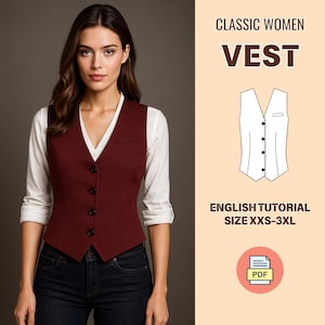 May include: A burgundy vest with black buttons, worn over a white shirt and dark blue jeans. The image includes the text "CLASSIC WOMEN VEST" and "ENGLISH TUTORIAL SIZE XXS-3XL". A PDF icon is also present.